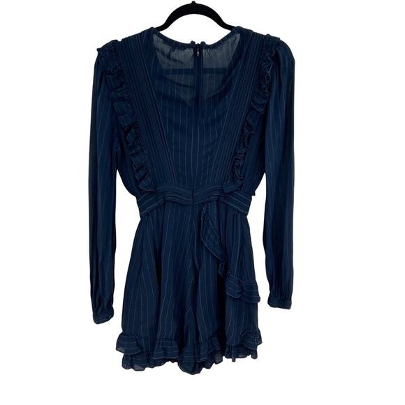 Maje Istra Ruffled Crepe Playsuit Romper Long‎ Sleeve Pinstripe Blue Size 34 XS - Picture 6 of 13